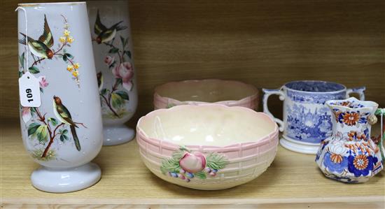 A pair of Newport Pottery Clarice Cliff bowls, a pair of 19th century enamelled glass vases and sundries, A pair of Newport Pottery Clarice Cliff bowls, a pair of 19th century enamelled glass vases and sundries,