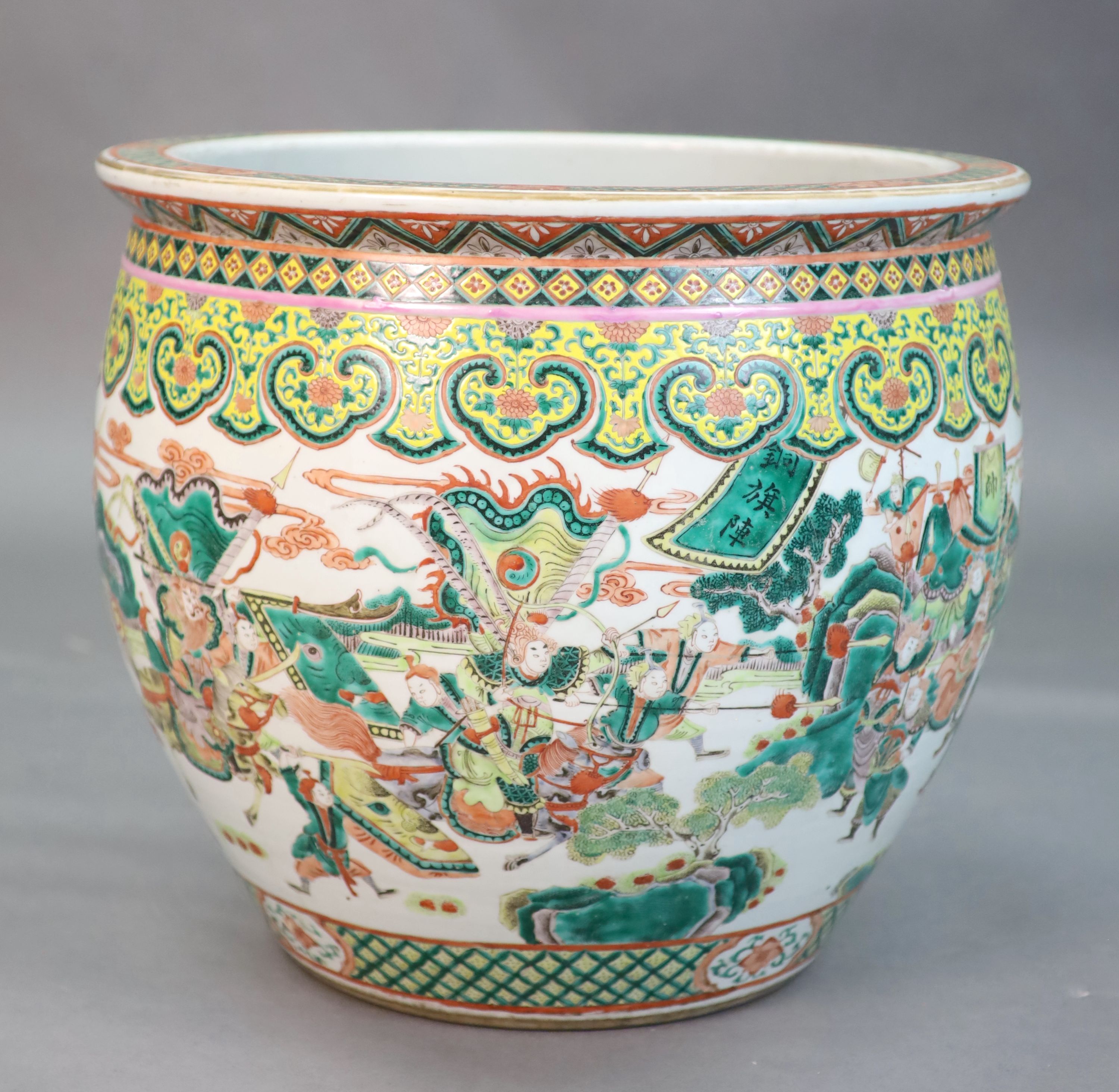 A large Chinese famille verte goldfish bowl, late 19th century, 53cm diameter, 46cm high, Provenance - A. T. Arber-Cooke A large Chinese famille verte goldfish bowl, late 19th century, 53cm diameter, 46cm high, Provenance - A. T. Arber-Cooke