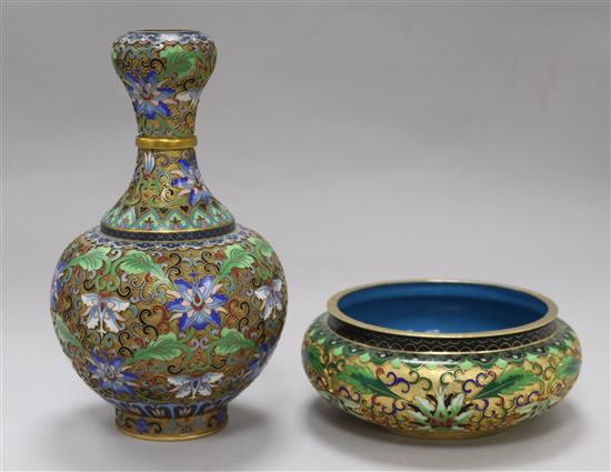 A Chinese cloisonne enamel vase and a dish vase height 21cm A Chinese cloisonne enamel vase and a dish vase height 21cm