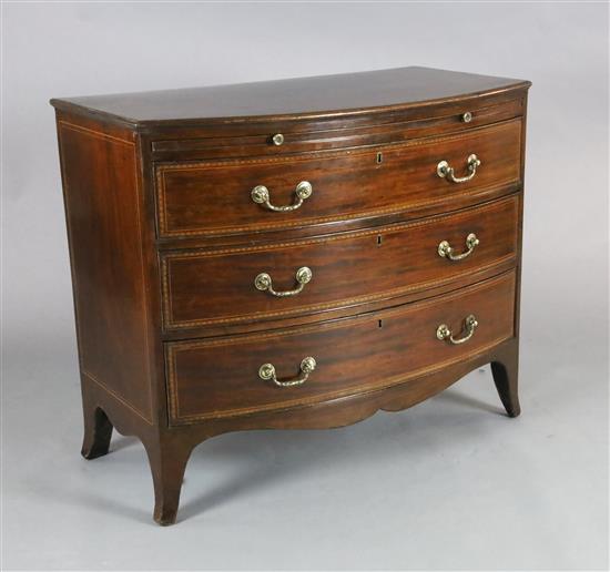 A George III mahogany bowfront chest, W.3ft 5in. D.1ft 10in. H.2ft 11in. A George III mahogany bowfront chest, W.3ft 5in. D.1ft 10in. H.2ft 11in.