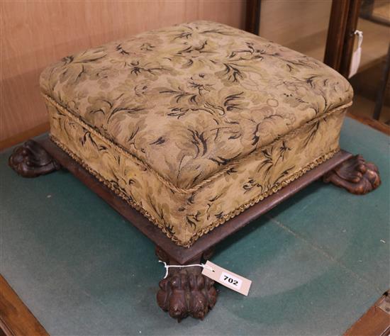 A Victorian square topped foot stool, with claw feet W.50cm A Victorian square topped foot stool, with claw feet W.50cm
