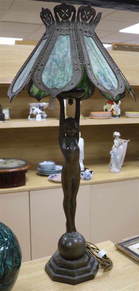 A pair of figural lamps with stained glass shades overall height 96cm A pair of figural lamps with stained glass shades overall height 96cm