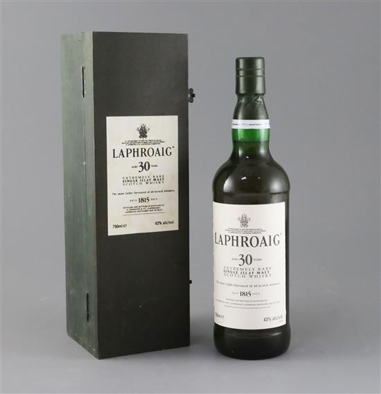 A bottle of Laphroiag 30 year old single Islay malt whisky, in presentation case A bottle of Laphroiag 30 year old single Islay malt whisky, in presentation case
