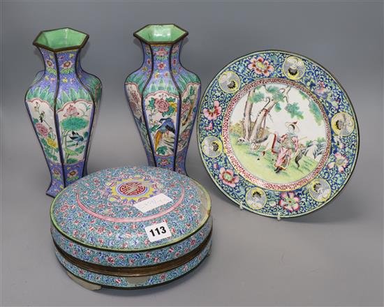 A pair of Chinese Canton enamel containers and vases, 19th/20th century