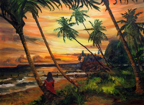 Edwin Hingwan (1932-1976) Trinidad; coastal scene at sunset with woman seated beneath a palm tree 21.5 x 29.5in.