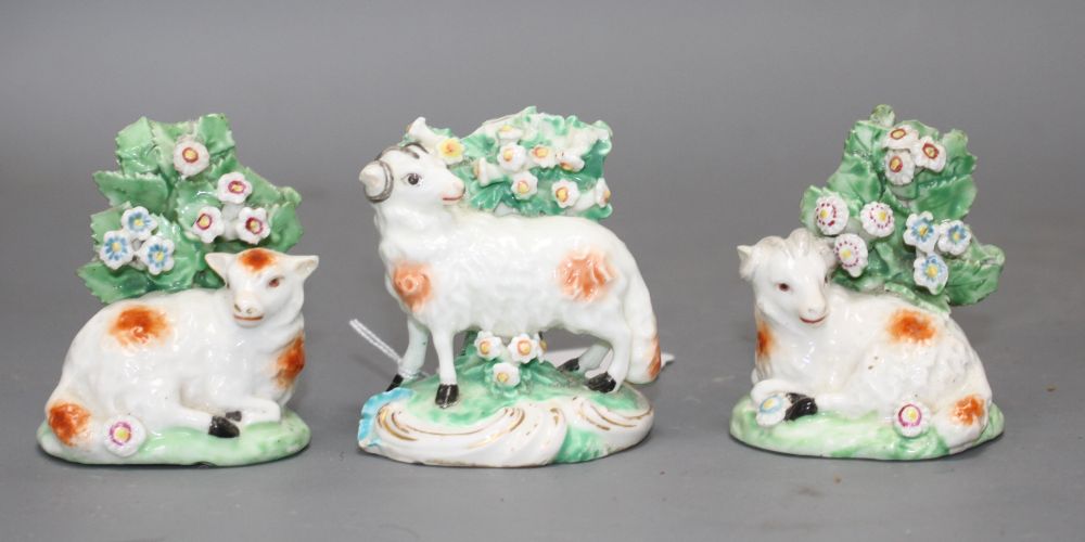 Three Derby figures of two rams and a ewe, late 18th century, H. 7 - 7.2cm