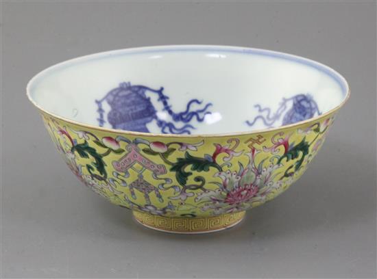 A Chinese yellow ground bowl, Jiaqing six character seal mark and of the period (1796-1820), diameter 15cm A Chinese yellow ground bowl, Jiaqing six character seal mark and of the period (1796-1820), diameter 15cm