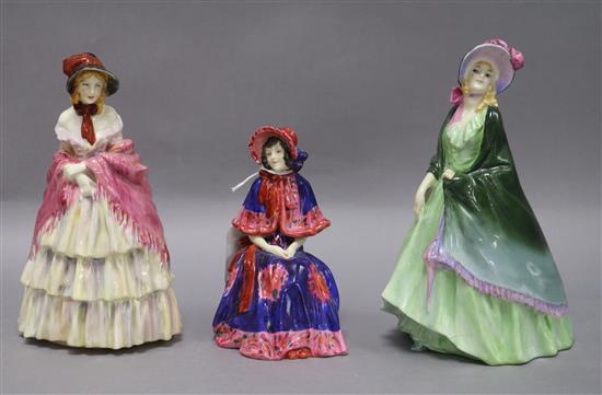 Three Royal Doulton figures: Rosina HN1364, Victorian Lady HN727 and The Paisley Shawl HN1460