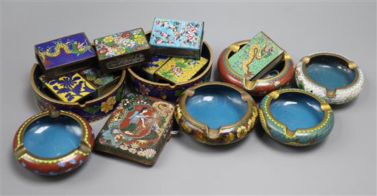 A cloisonne cigarette case, eight cloisonne match box cases and seven ashtrays, A cloisonne cigarette case, eight cloisonne match box cases and seven ashtrays,