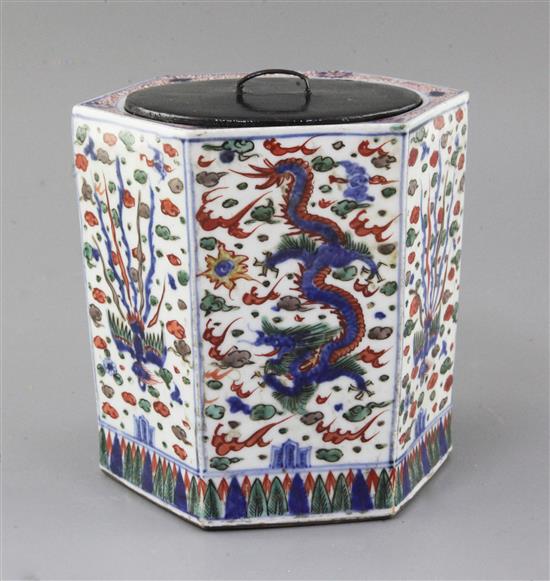 A Chinese wucai hexagonal jar, Wanli mark but later, total height 18cm A Chinese wucai hexagonal jar, Wanli mark but later, total height 18cm