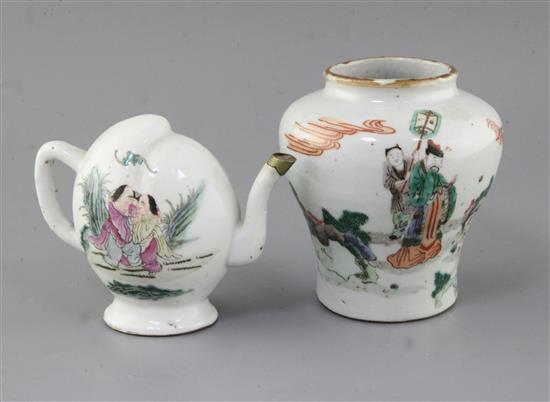 A Chinese famille verte baluster jar and a similar peach shaped wine pot, Qing dynasty, height 12.3cm A Chinese famille verte baluster jar and a similar peach shaped wine pot, Qing dynasty, height 12.3cm