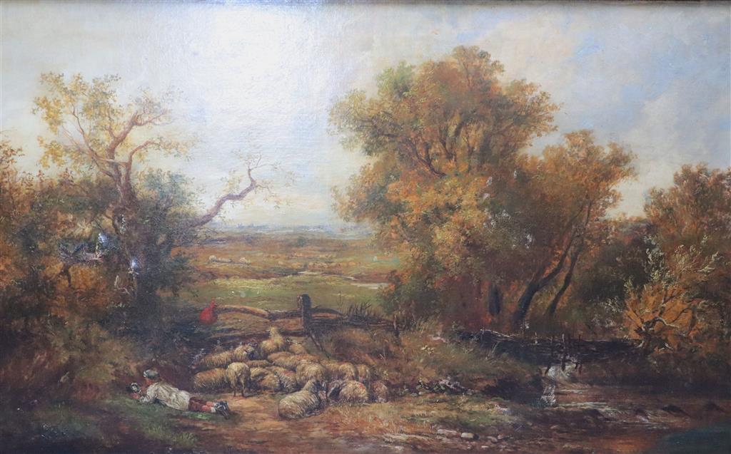 W. R. Stone (19th C.) Shepherd boy and flock in an extensive landscape 74 x 126cm