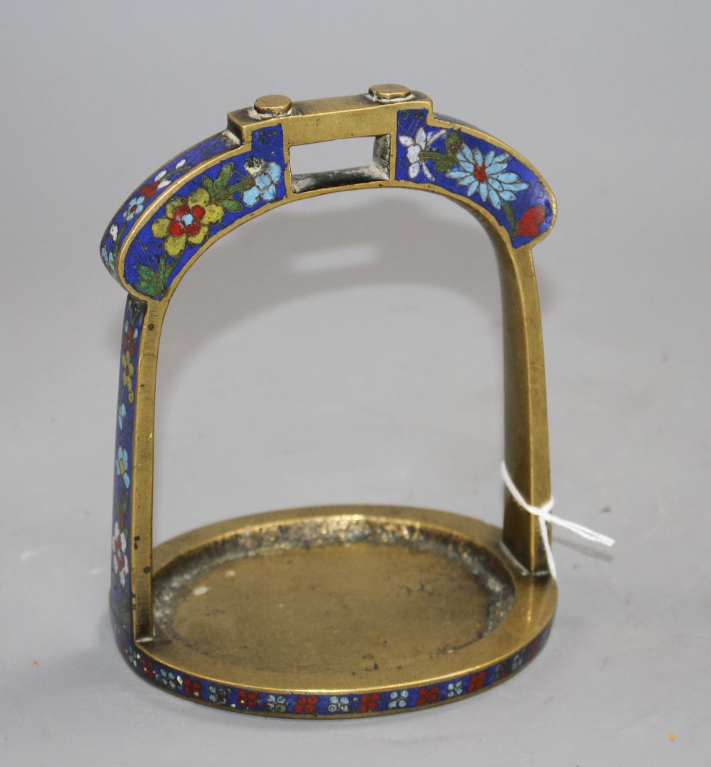 A 19th century Chinese bronze and cloisonne enamel stirrup, H. 14.5cm