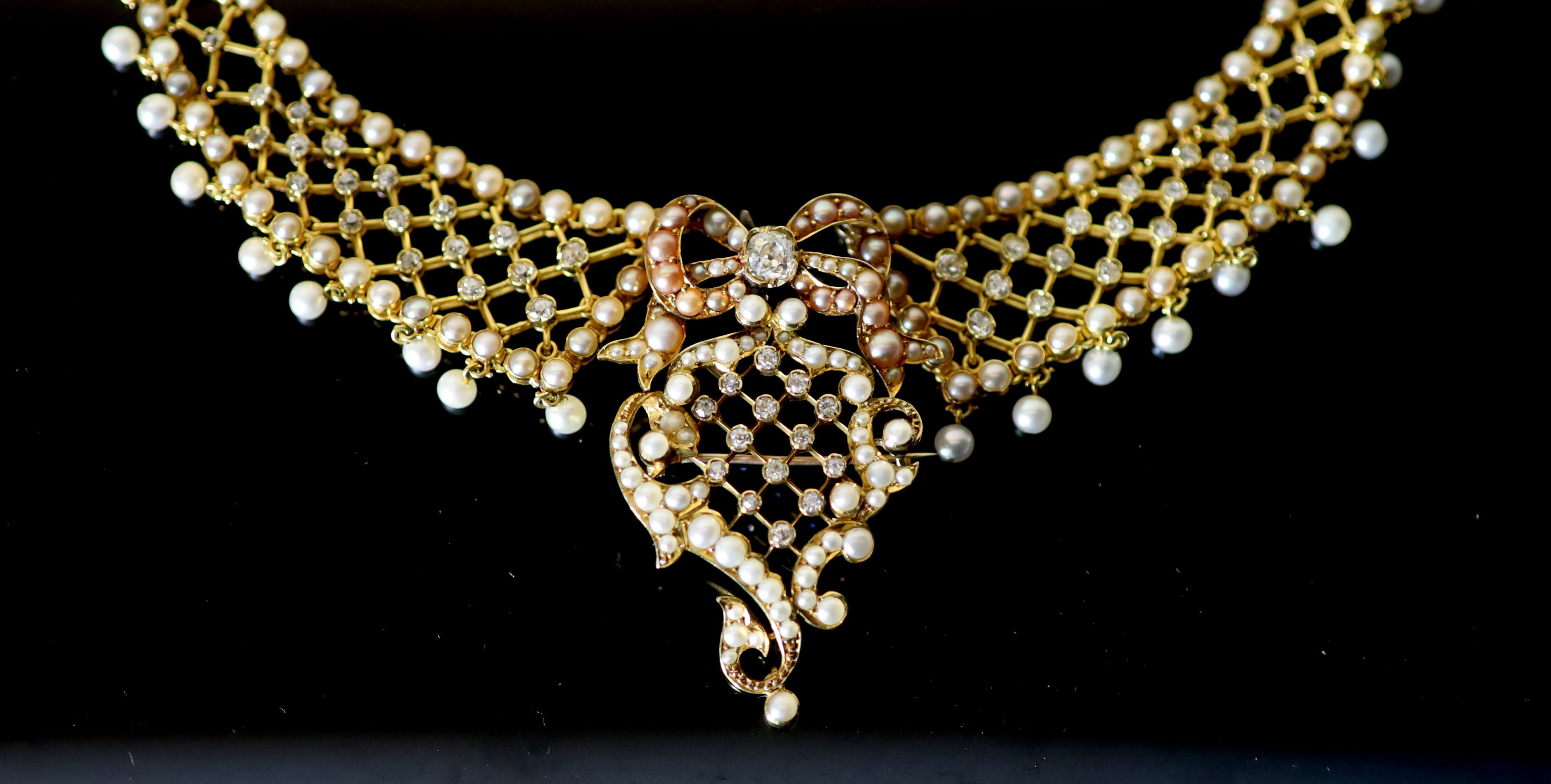 A good Victorian 15ct gold, pearl and diamond set drop pendant/brooch necklace, A good Victorian 15ct gold, pearl and diamond set drop pendant/brooch necklace,