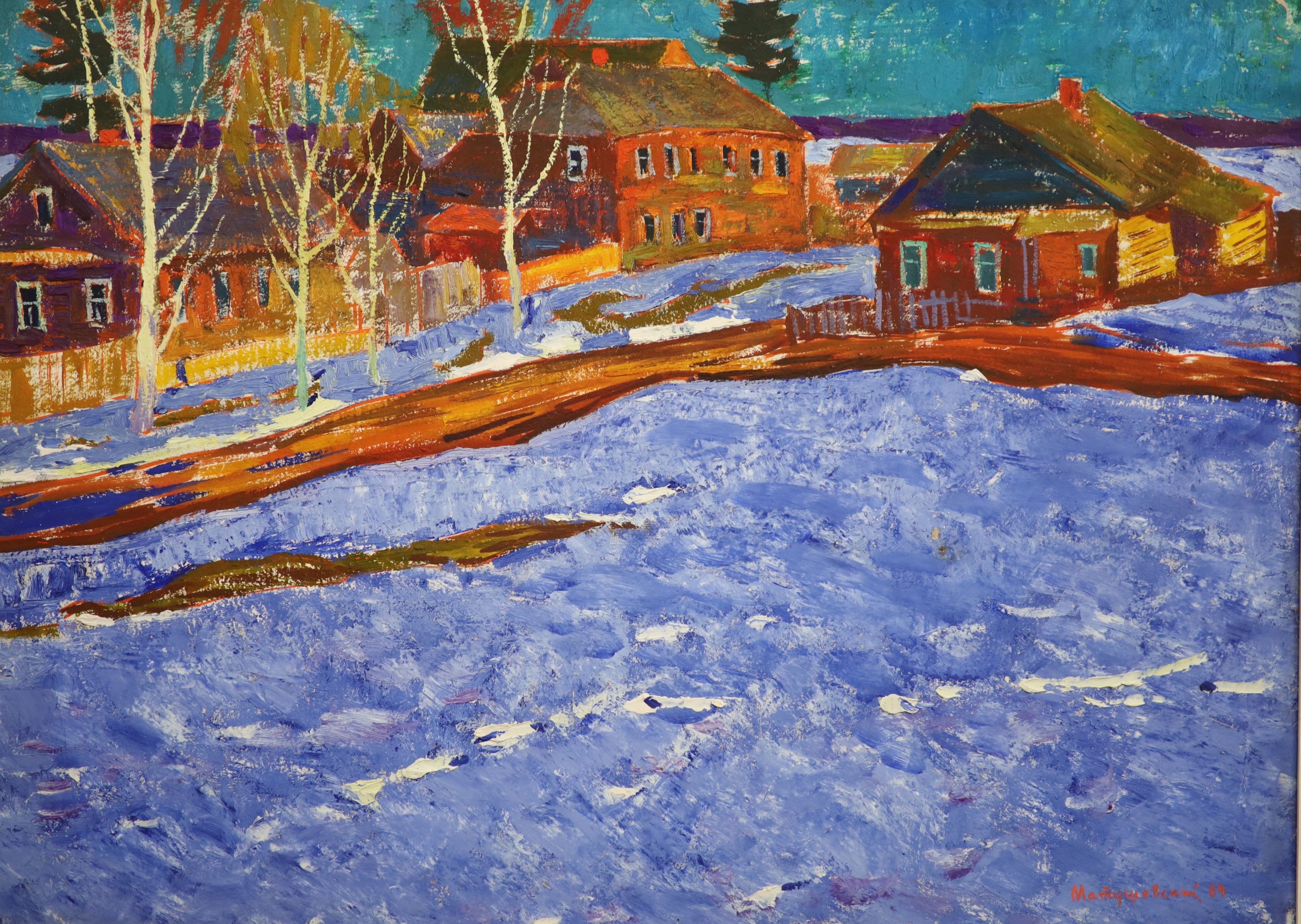 Yuri Matushevski (Russian, 1930-1999), Houses in winter, oil on card, 52.5 x 73cm