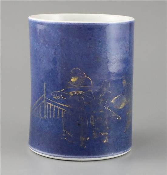 A Chinese gilt-decorated powder blue brush pot bitong, Kangxi period, H.15.2cm, repairs A Chinese gilt-decorated powder blue brush pot bitong, Kangxi period, H.15.2cm, repairs