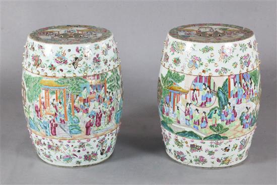 A pair of Chinese famille rose barrel shaped garden seats, c.1830-50, height 47.5cm, one barrel cracked A pair of Chinese famille rose barrel shaped garden seats, c.1830-50, height 47.5cm, one barrel cracked