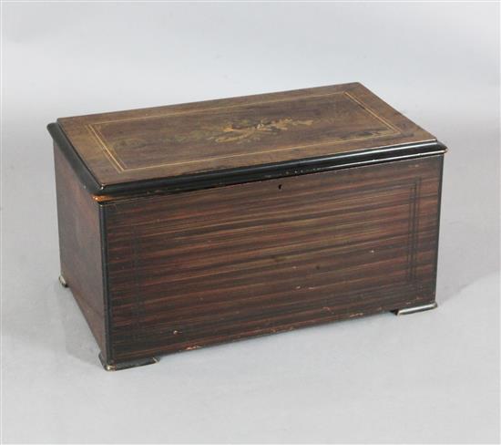 A late 19th century Swiss marquetry inlaid rosewood and simulated rosewood twelve air musical box, 25in. A late 19th century Swiss marquetry inlaid rosewood and simulated rosewood twelve air musical box, 25in.