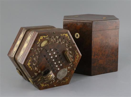 A 19th century Louis Lachenal Presentation cut brass inlaid thuya concertina, A 19th century Louis Lachenal Presentation cut brass inlaid thuya concertina,