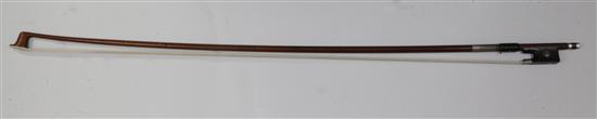A German nickel mounted violin bow, stamped W E Dorfler, 64g A German nickel mounted violin bow, stamped W E Dorfler, 64g