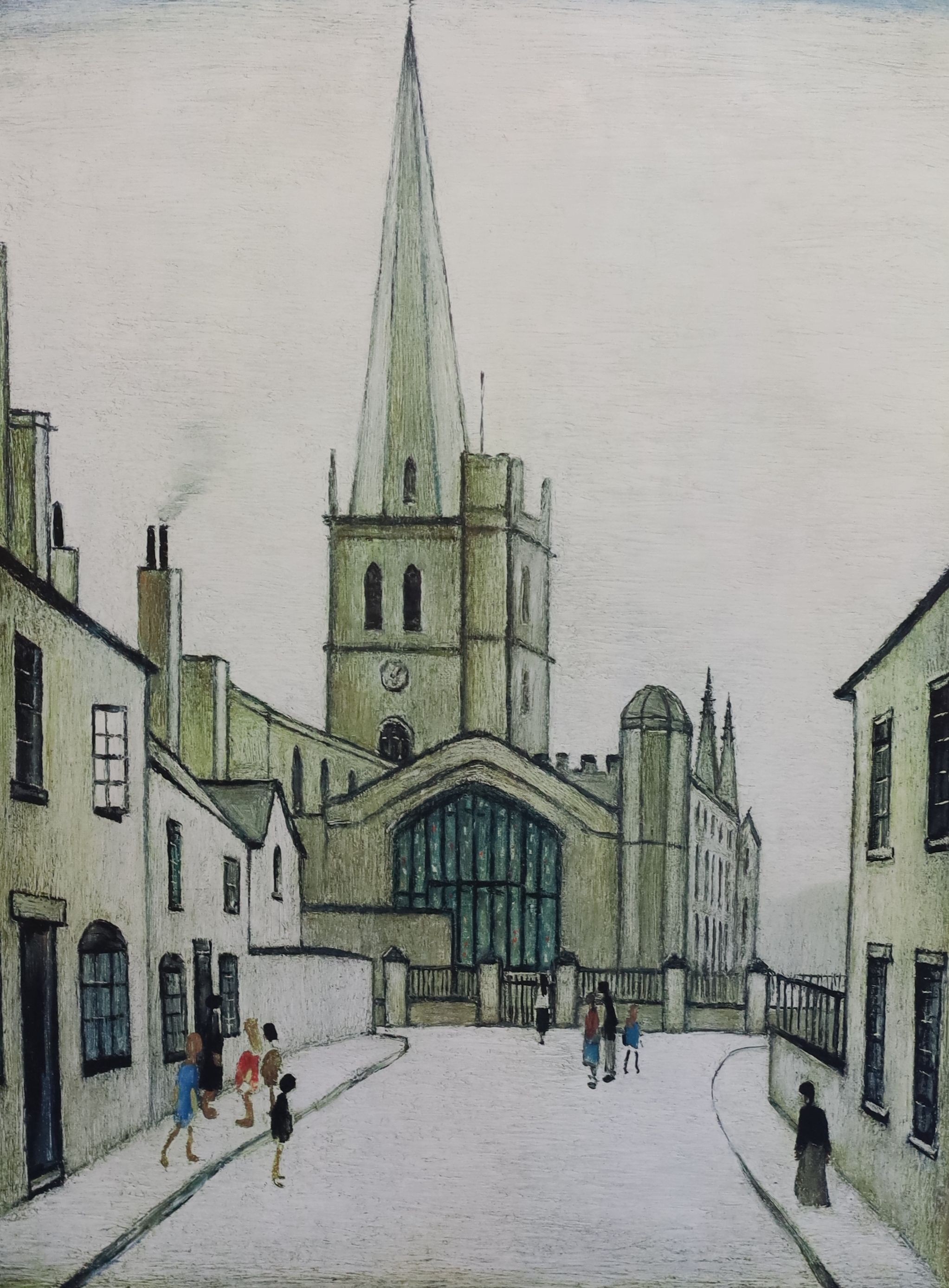 Laurence Stephen Lowry (1887-1976), Burford Church, offset lithograph printed in colours, on wove, 61 x 46cm.
