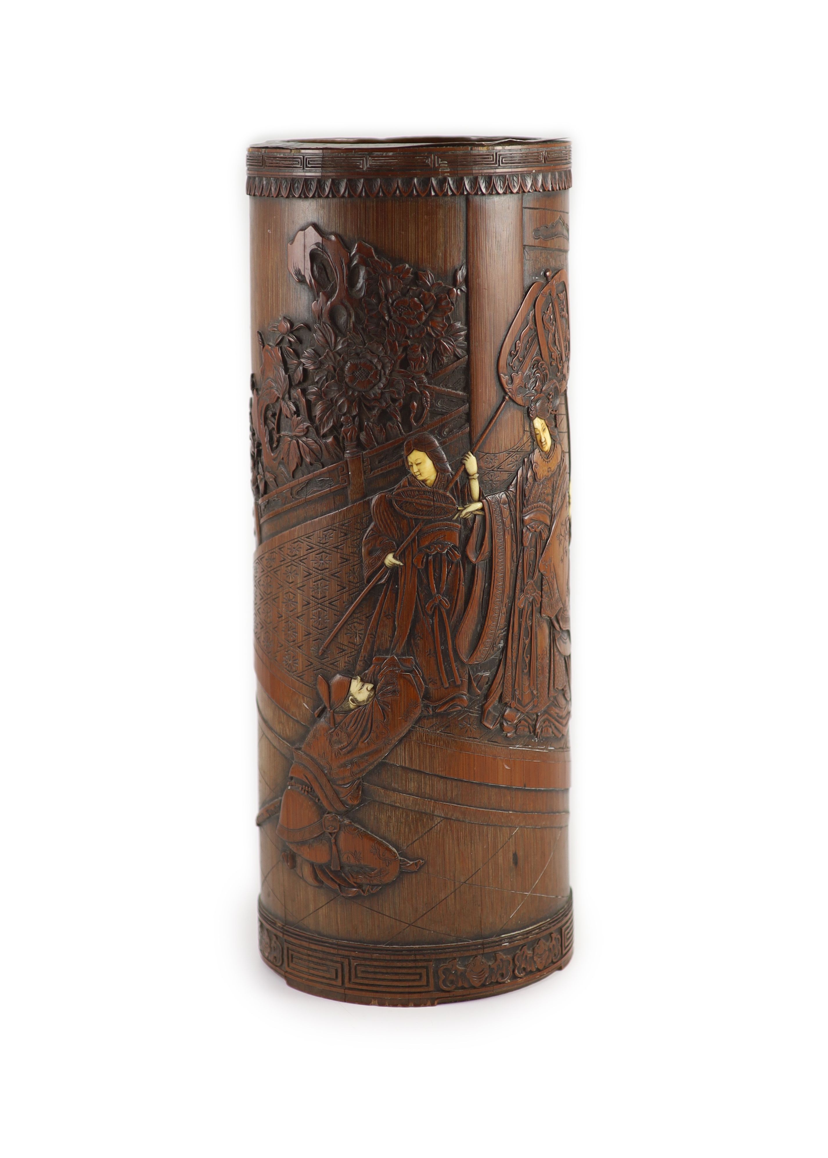 A tall Japanese bamboo and ivory inlaid brushpot, Meiji period, 39.5cm high