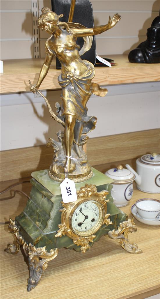 A large French gilt spelter and green onyx mantel clock, c.1910, with later lamp fitting, H. 75cm to lamp fitting