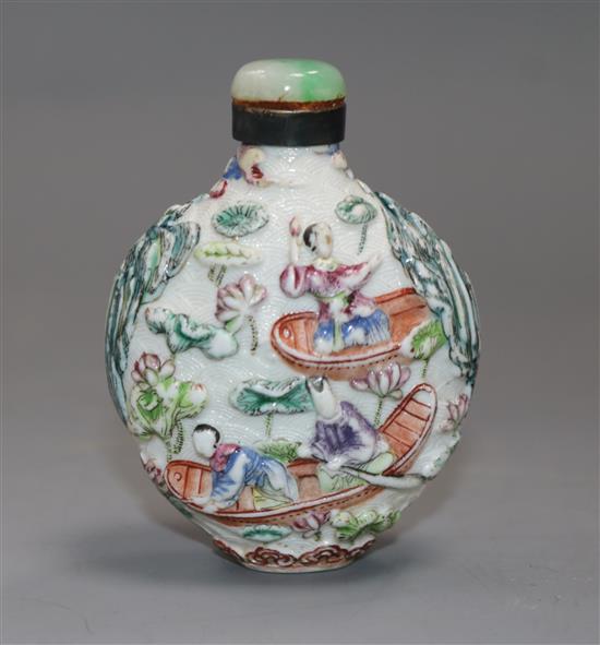 A Chinese moulded famille rose snuff bottle, Jiaqing mark period A Chinese moulded famille rose snuff bottle, Jiaqing mark period