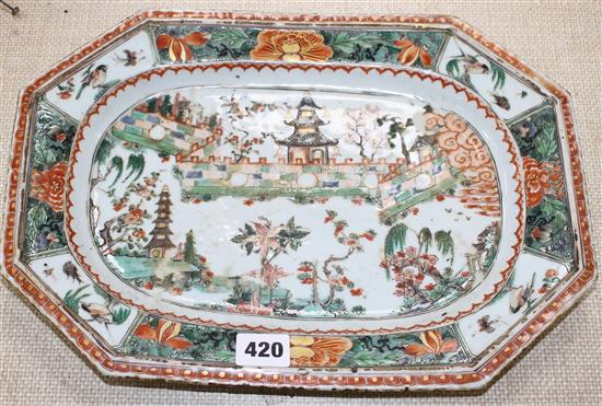 An 18th century Chinese famille verte octagonal meat plate, decorated with pagodas in a garden, flowers and birds, 36 x 26cm