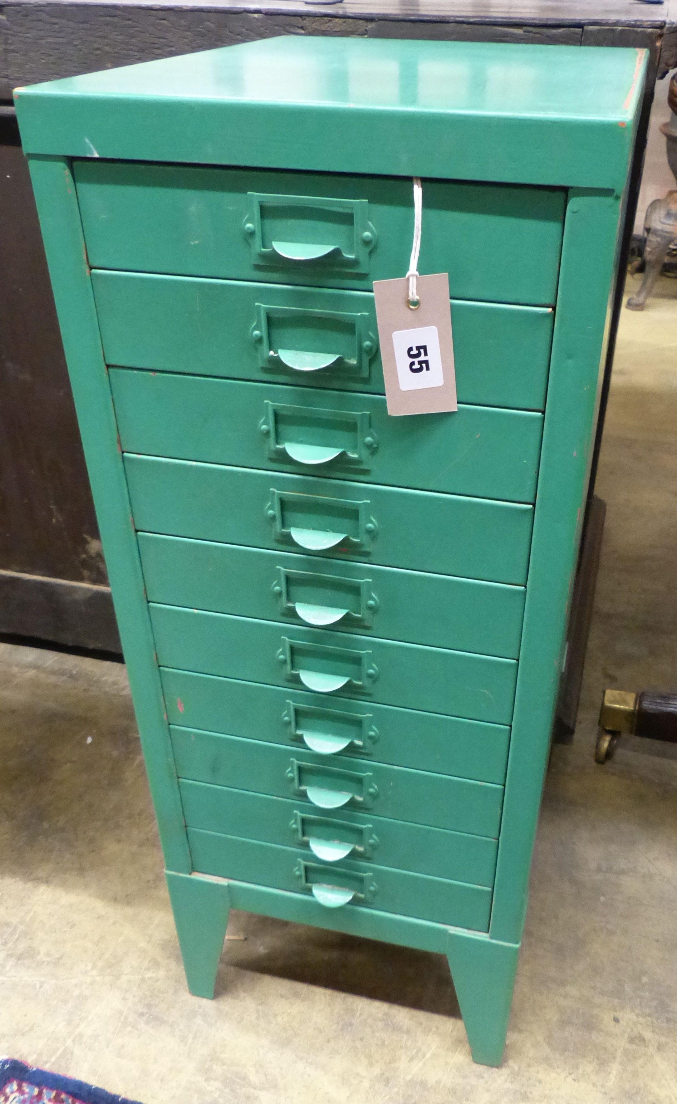 A small painted metal ten drawer filing cabinet, W.29 D.39cm H.72cm 30-50