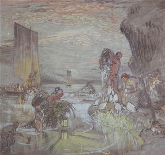 William Shackleton (1872-1933) Fisherfolk unloading the catch 12.5 x 13.5in. William Shackleton (1872-1933) Fisherfolk unloading the catch 12.5 x 13.5in.