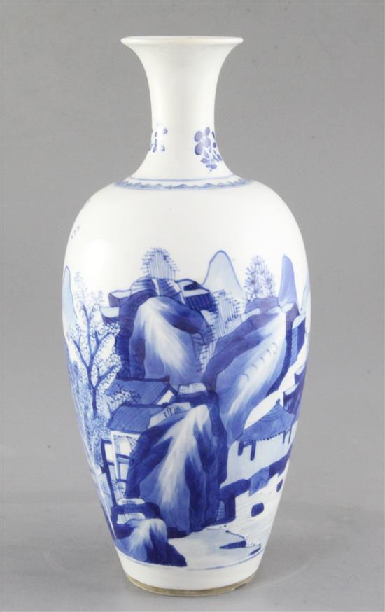 A Chinese blue and white ovoid vase, Kangxi period, height 27.5cm, neck restored A Chinese blue and white ovoid vase, Kangxi period, height 27.5cm, neck restored