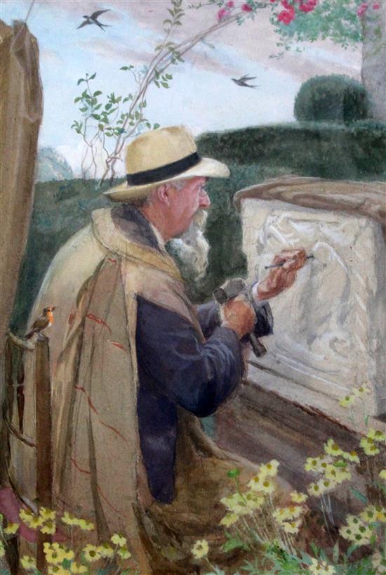 May Furniss (Mrs W. Shackleton) Exh.1898-1940 William Shackleton in his garden carving a sculpture 18.5 x 13in. May Furniss (Mrs W. Shackleton) Exh.1898-1940 William Shackleton in his garden carving a sculpture 18.5 x 13in.