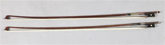 Two violin bows, one silver and the other gold mounted, unstamped, Two violin bows, one silver and the other gold mounted, unstamped,