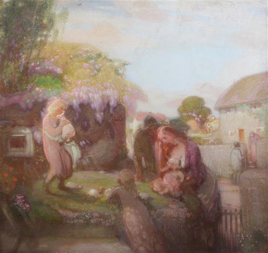 William Shackleton (1872-1933) Mother and children in a garden, petting white rabbits 36 x 37.5in. unframed William Shackleton (1872-1933) Mother and children in a garden, petting white rabbits 36 x 37.5in. unframed
