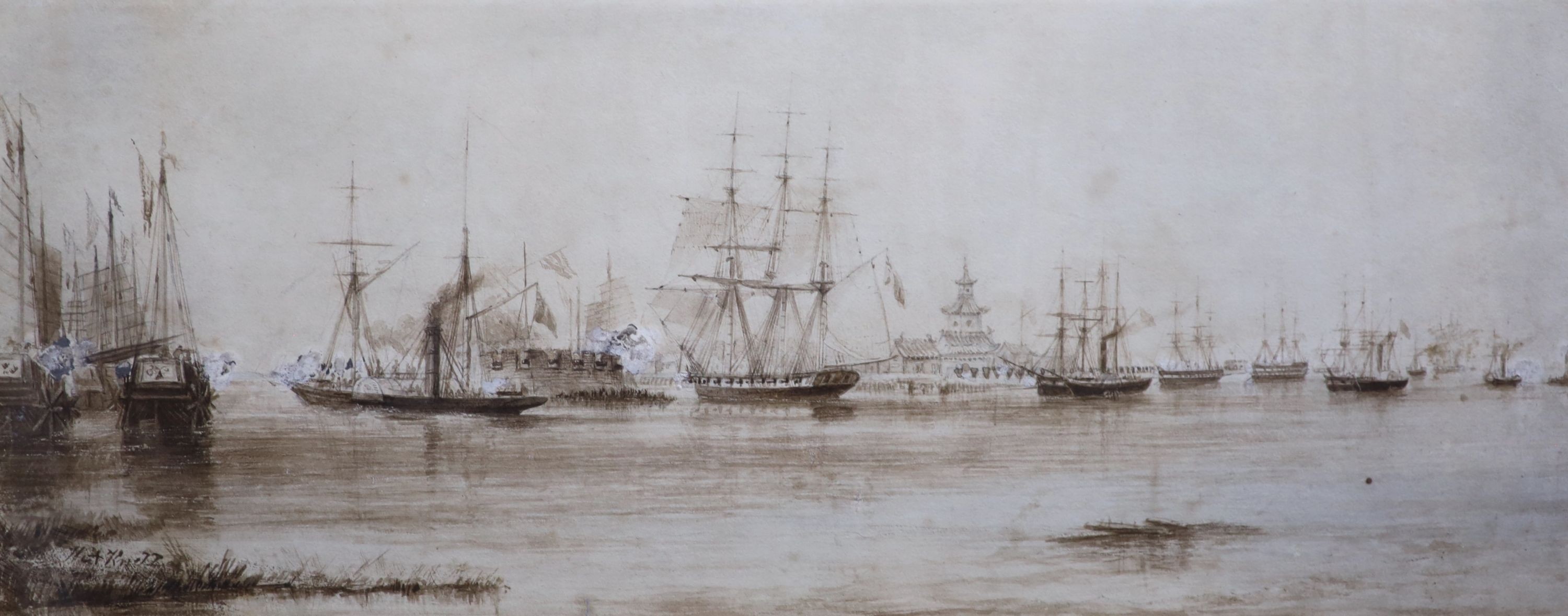 William Adolphus Knell (1805-1871), Naval action on the Canton river showing British naval vessels and Chinese war junks, sepia watercolour, 19 x 47cm.