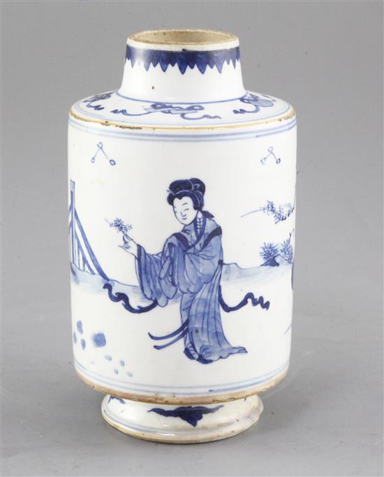 A Chinese blue and white cylindrical jar, Kangxi period, height 16.5cm, firing imperfections A Chinese blue and white cylindrical jar, Kangxi period, height 16.5cm, firing imperfections