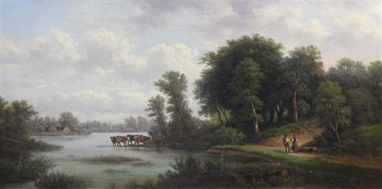 G. Steffenson River landscape with cattle watering 17.5 x 35.5in. G. Steffenson River landscape with cattle watering 17.5 x 35.5in.