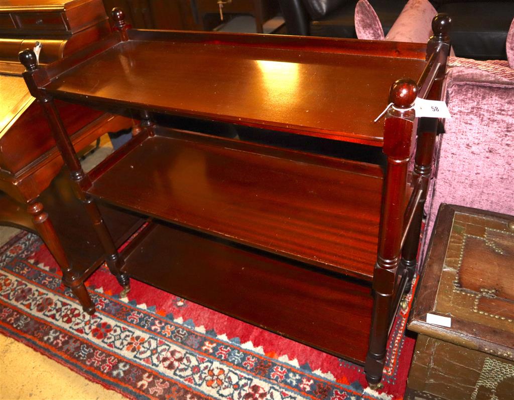A Victorian style mahogany three tier buffet, width 104cm, depth 42cm, height 100cm