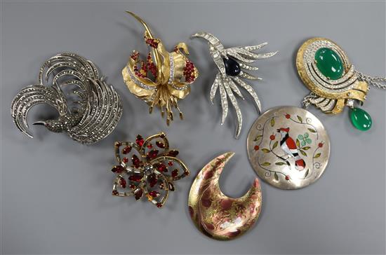 A Boucher rhinestone set floral spray brooch, a marcasite set silver bird brooch and other costume jewellery. A Boucher rhinestone set floral spray brooch, a marcasite set silver bird brooch and other costume jewellery.