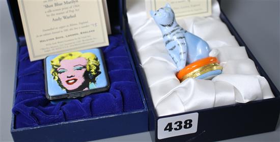 Two Halcyon Days enamels novelty boxes: Shot Blue Marilyn, no.75/500, 5.5cm and Sam, no.4/250, 7.5cm, both boxed with paperwork