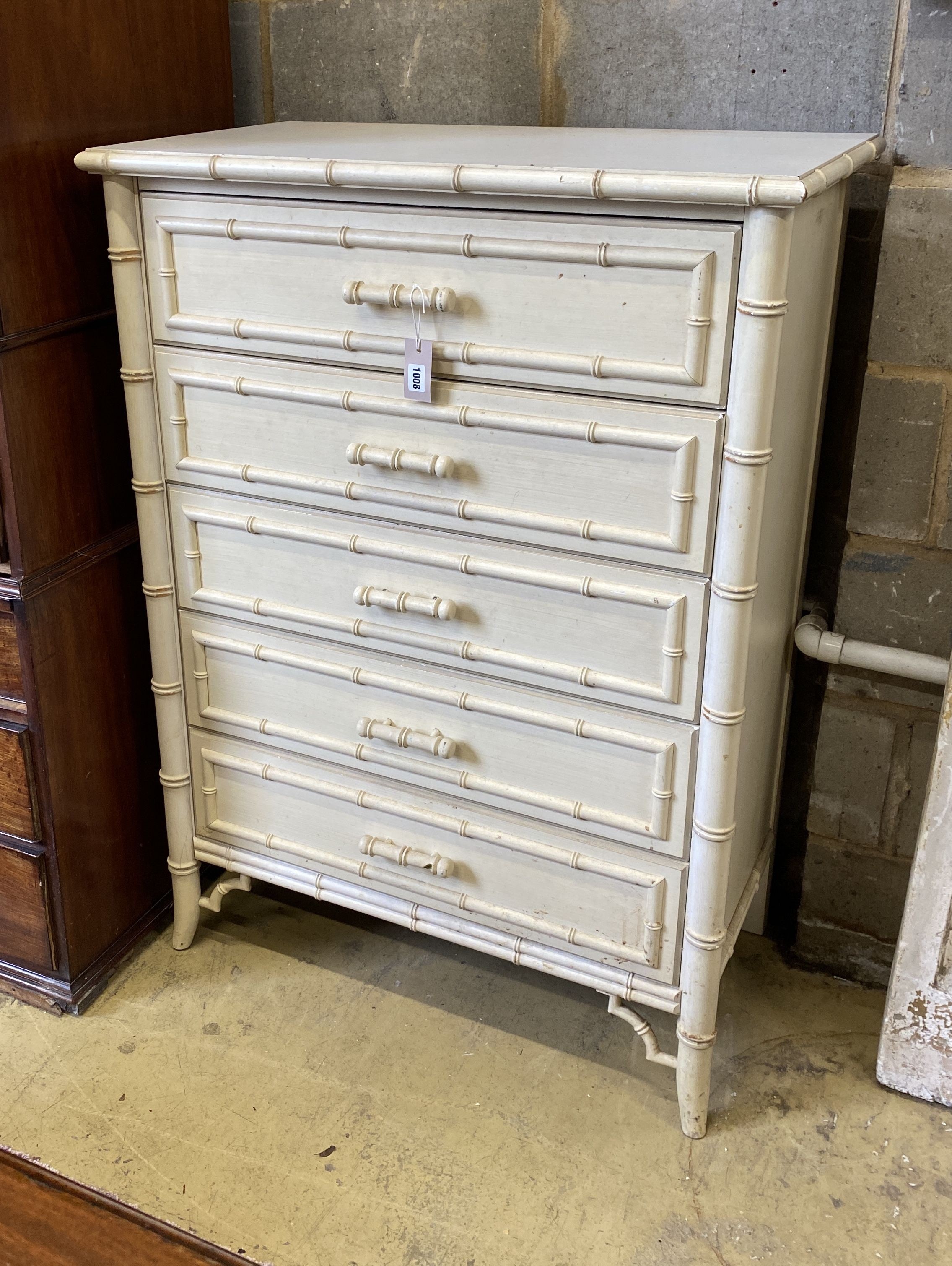 A cream painted faux bamboo chest of five drawers, width 86cm, depth 49cm, height 120cm
