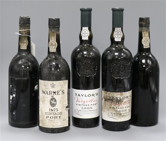 Three bottles of Warres vintage port, 1975 and two bottles of Taylors vintage port, 2008
