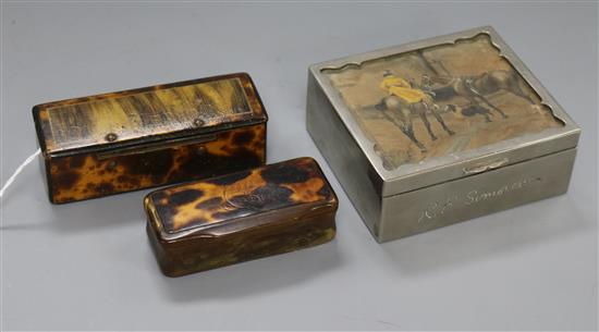 An early 19th century tortoiseshell snuff box, a similar dice box and, silver plated cigarette box largest 9.5 x 8.5cm An early 19th century tortoiseshell snuff box, a similar dice box and, silver plated cigarette box largest 9.5 x 8.5cm