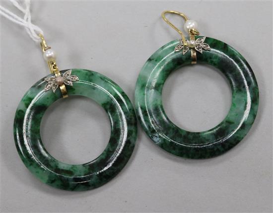 A pair of spinach jade, rose cut diamond and cultured pearl set hoop earrings, 36mm. A pair of spinach jade, rose cut diamond and cultured pearl set hoop earrings, 36mm.