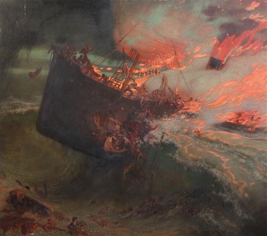 William Shackleton (1872-1933) The Burning of the Voltaire 37.5 x 42.5in. unframed. William Shackleton (1872-1933) The Burning of the Voltaire 37.5 x 42.5in. unframed.