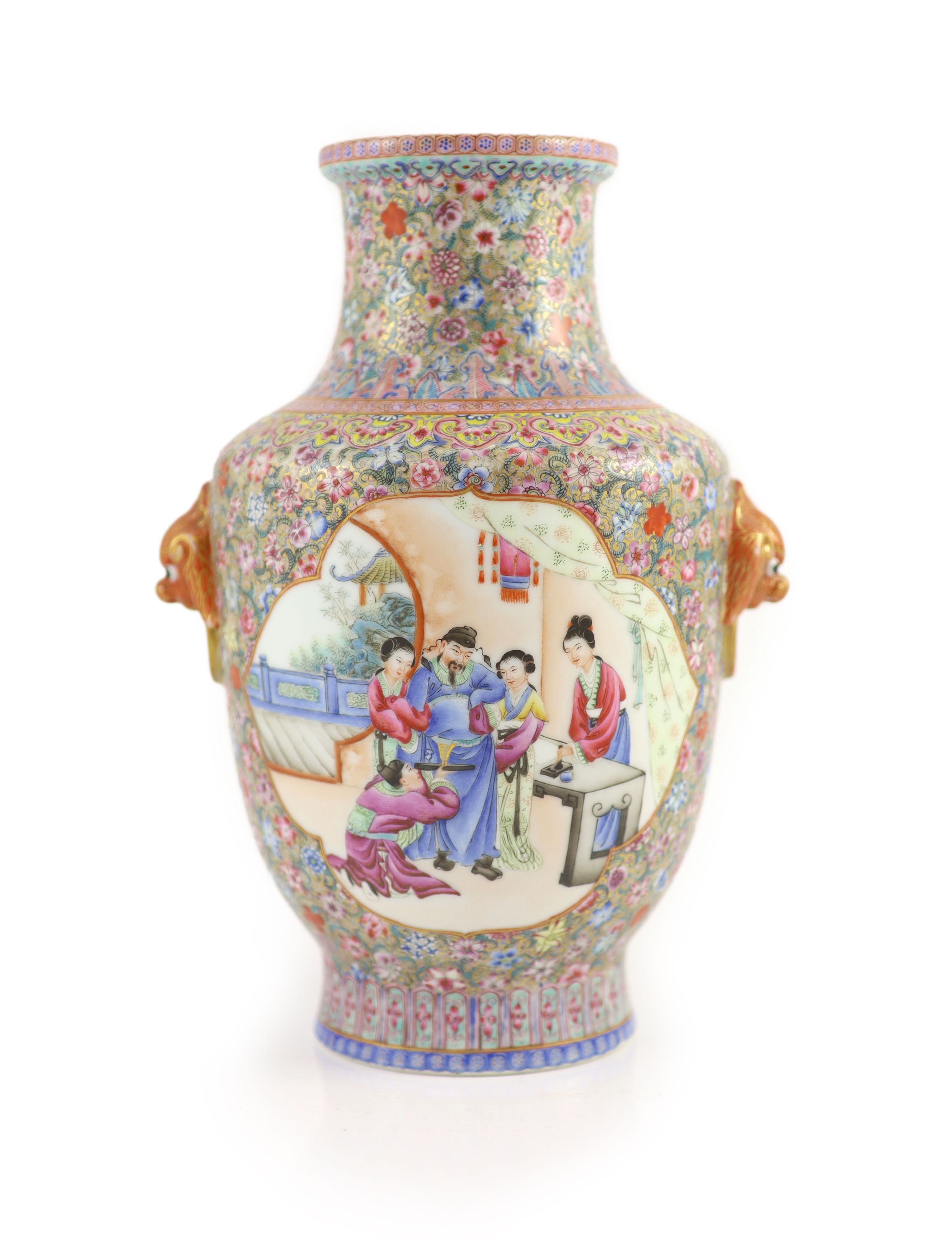 A Chinese famille rose millefleur vase, Qianlong mark but Republic period, 28cm high