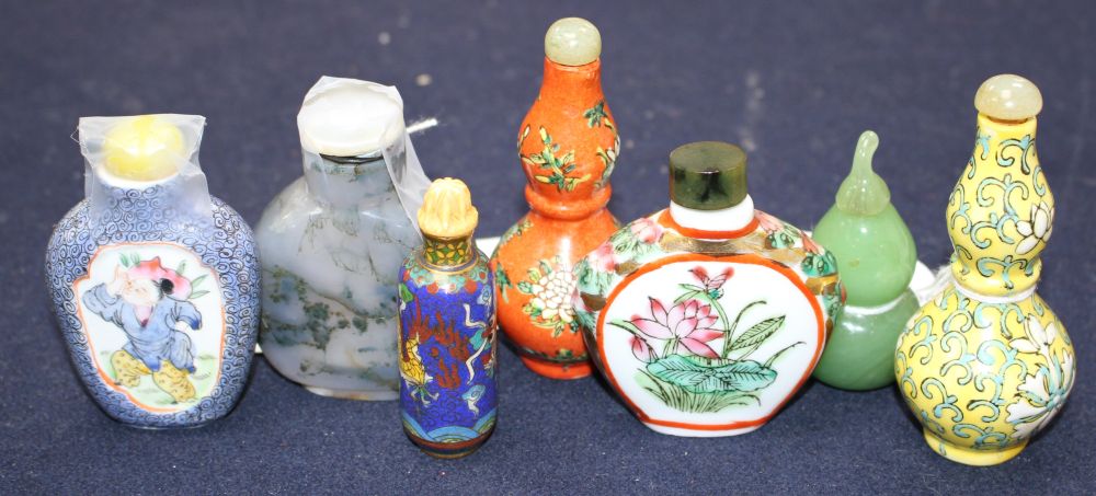 Seven Chinese snuff bottles, various, including porcelain, hardstone and cloisonne examples