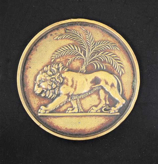 India, Opening of the Bombay Mint, 1828, a bronze medal with lion and palm tree design after Flaxman India, Opening of the Bombay Mint, 1828, a bronze medal with lion and palm tree design after Flaxman
