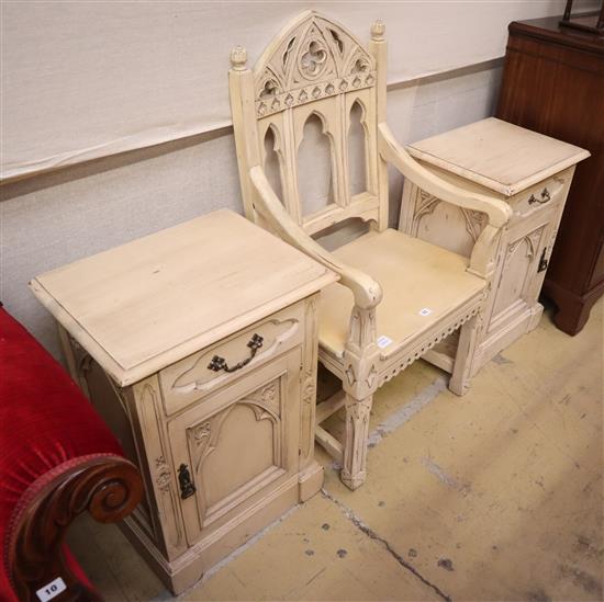 A cream painted Gothic style elbow chair, W.58cm and a matching pair of bedside cabinets, W.50cm A cream painted Gothic style elbow chair, W.58cm and a matching pair of bedside cabinets, W.50cm